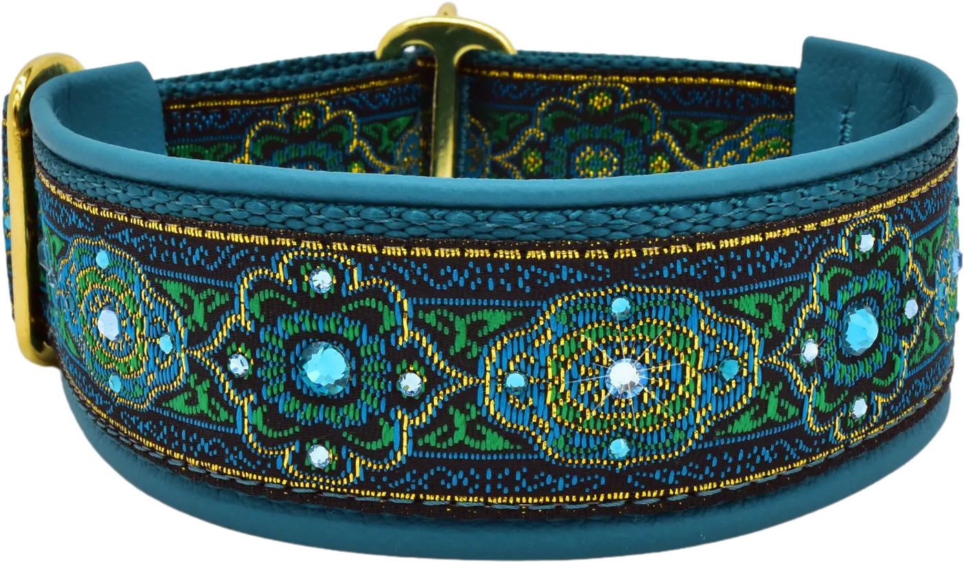 Bijoux Teal teal, green and gold baroque swirl European-crystal limited slip dog collar by Fuzzywumpets.