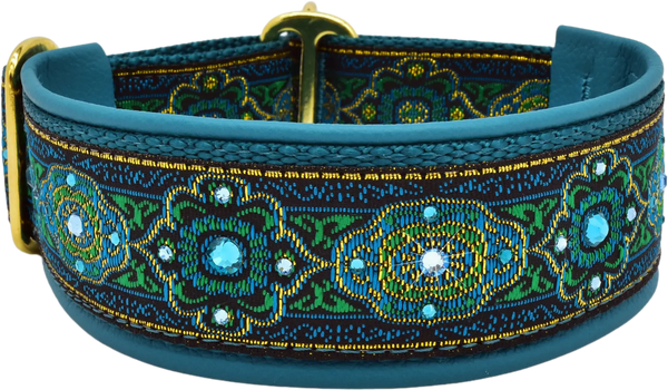 Bijoux Teal teal, green and gold baroque swirl European-crystal limited slip dog collar by Fuzzywumpets.