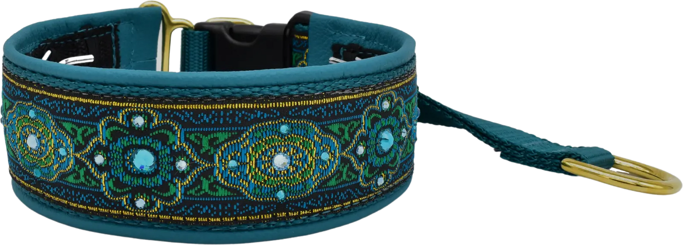 Bijoux Teal teal, green and gold baroque swirl European-crystal hidden prong collar by Fuzzywumpets.