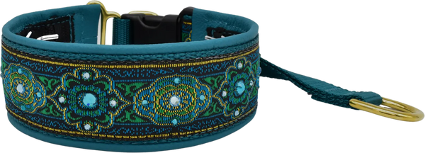 Bijoux Teal teal, green and gold baroque swirl European-crystal hidden prong collar by Fuzzywumpets.