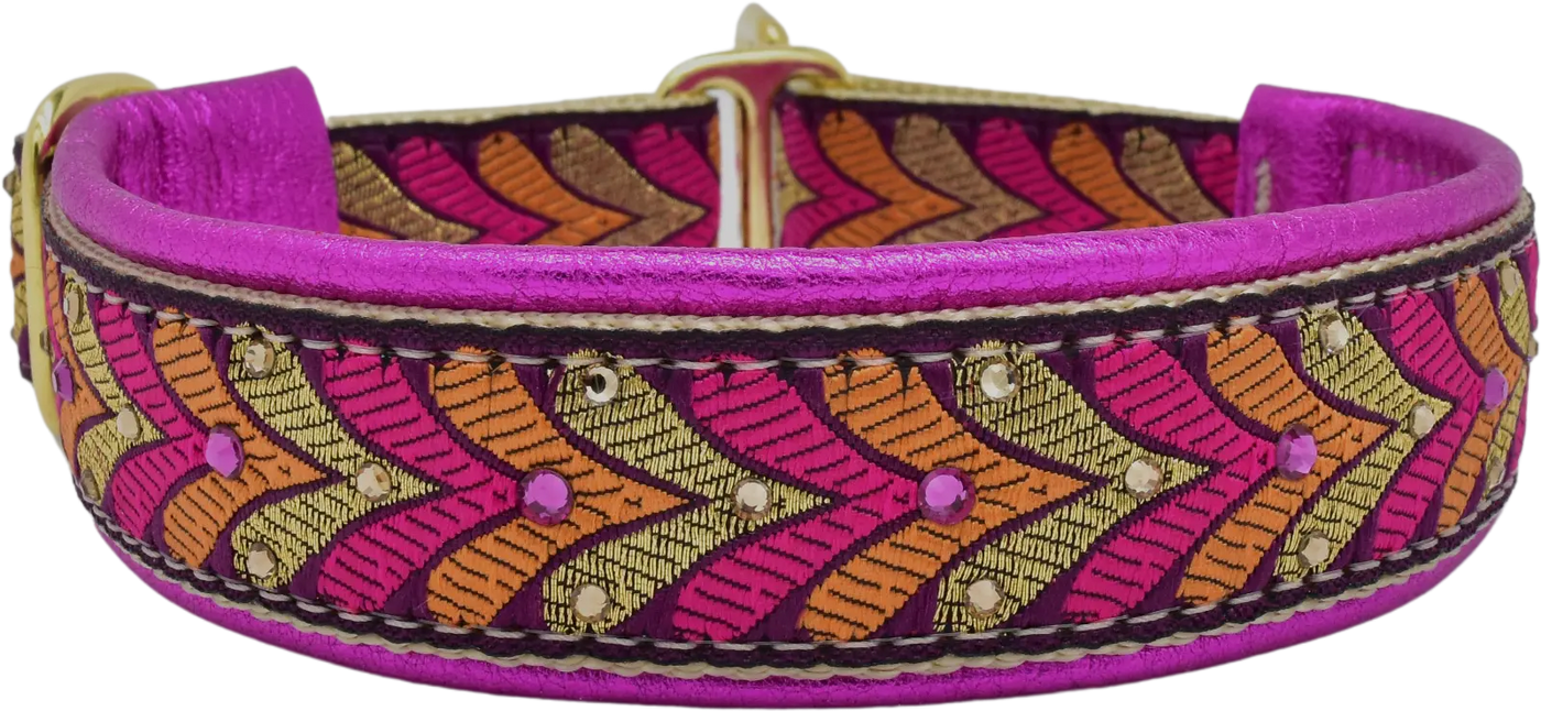Fuchsia & Orange Honoré fuchsia orange and gold chevron European-crystal limited slip dog collar by Fuzzywumpets.