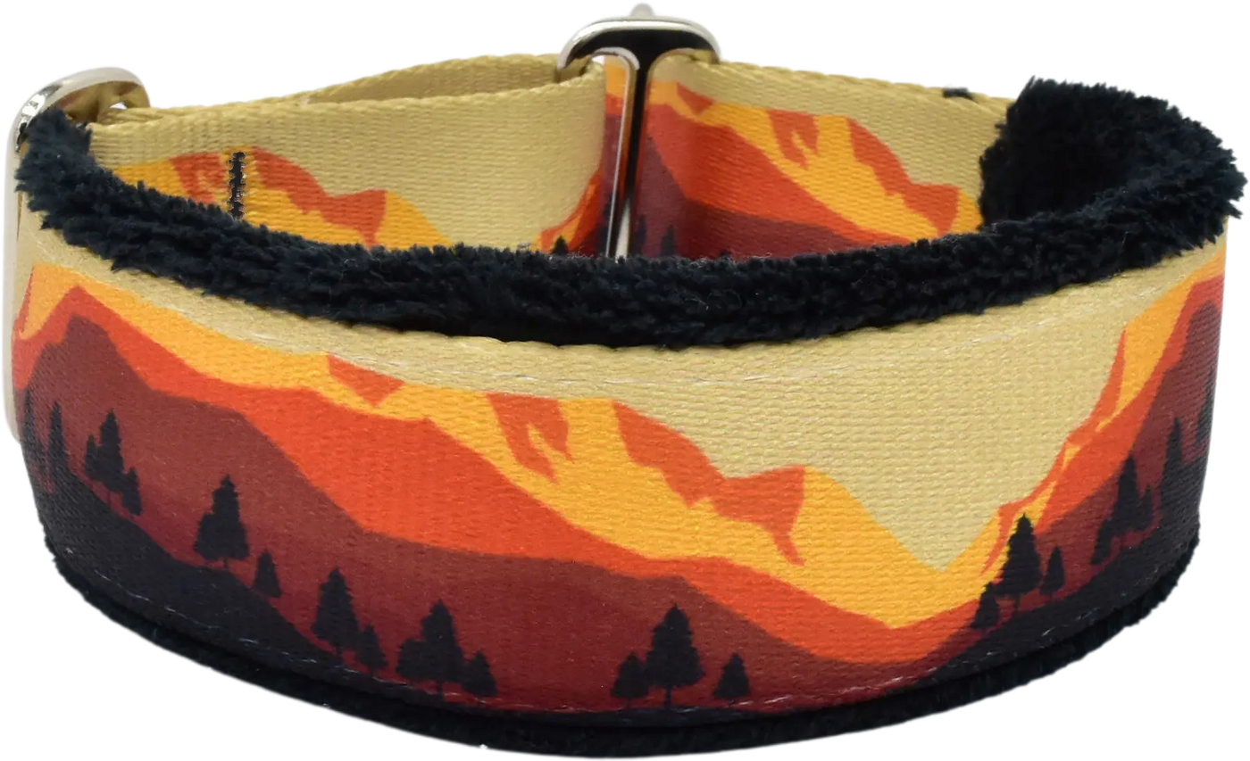 Take a Peak gold and red mountain stripe fleece-lined martingale-style limited slip dog collar by Fuzzywumpets.