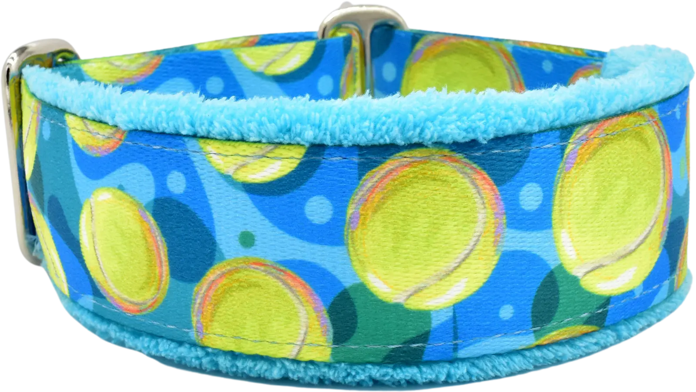 Tennis Splash blue and yellow-green tennis ball fleece-lined martingale-style limited slip dog collar by Fuzzywumpets.