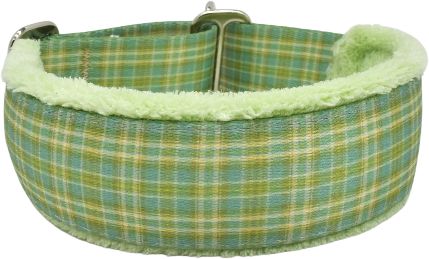 Summer Plaid green and yellow plaid fleece-lined martingale-style limited slip dog collar by Fuzzywumpets.