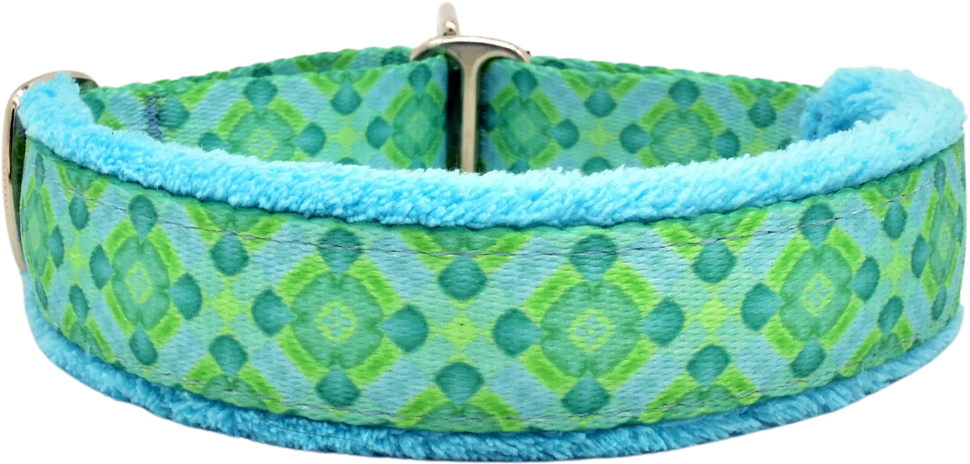Aqua Santorini aqua and green diamond geometric fleece-lined martingale-style limited slip dog collar by Fuzzywumpets.