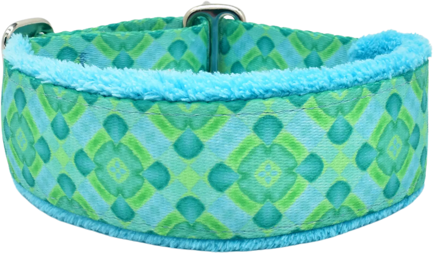 Aqua Santorini aqua and green diamond geometric fleece-lined martingale-style limited slip dog collar by Fuzzywumpets.