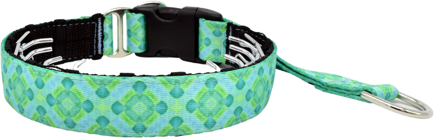 Aqua Santorini aqua and green diamond geometric hidden prong / private trainer dog collar by Fuzzywumpets.