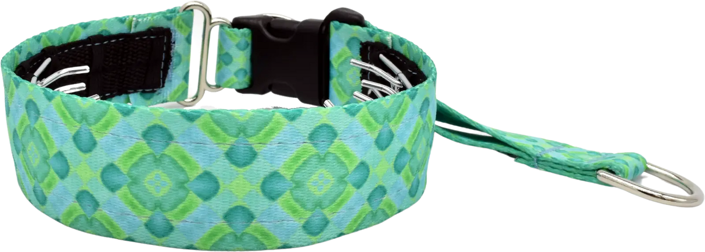 Aqua Santorini aqua and green diamond geometric hidden prong / private trainer dog collar by Fuzzywumpets.