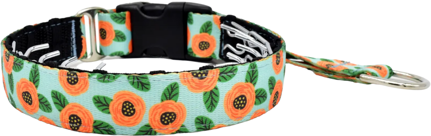 Josie mint ribbon with orange poppies and green leaves hidden prong / private trainer dog collar by Fuzzywumpets.