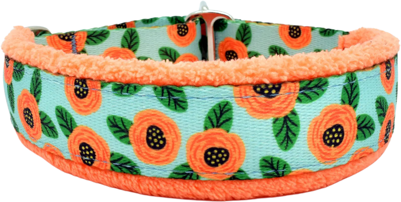 Josie mint ribbon with orange poppies and green leaves fleece-lined martingale-style limited slip dog collar by Fuzzywumpets.