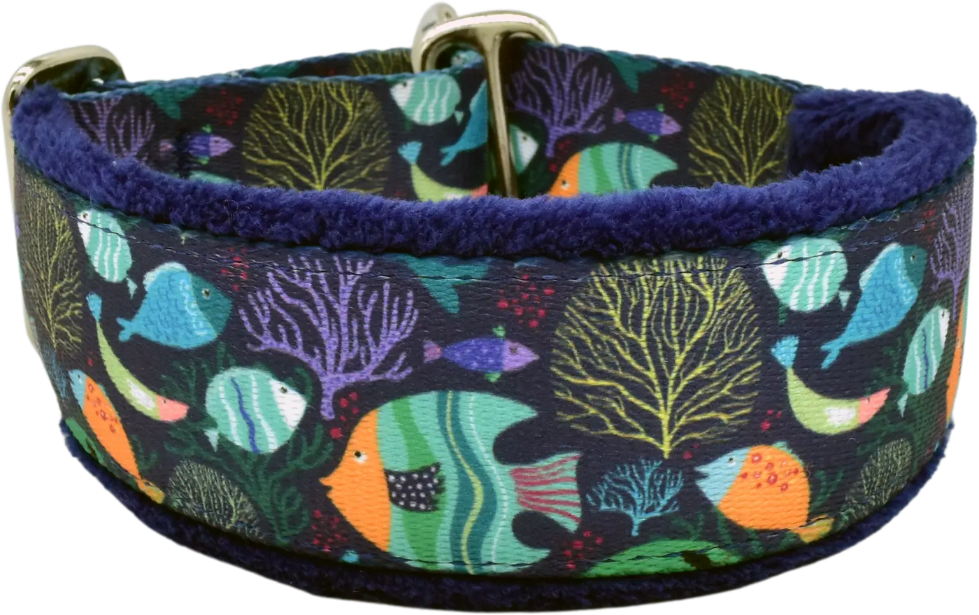 Calypso teal, orange, and purple abstract swirl fleece-lined martingale-style limited slip dog collar by Fuzzywumpets.