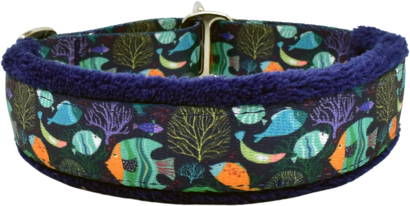 1" Calypso Everyday Limited Slip Collar for dogs, Navy leather lining, handmade in the USA by Fuzzywumpets.