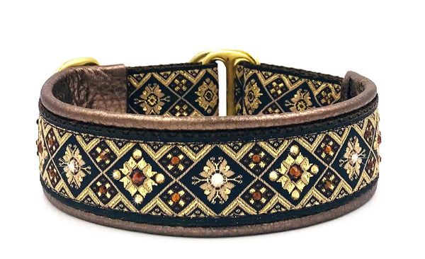 Canterbury black and gold diamond European-crystal limited slip collar with smoked and topaz crystals on bronze leather.