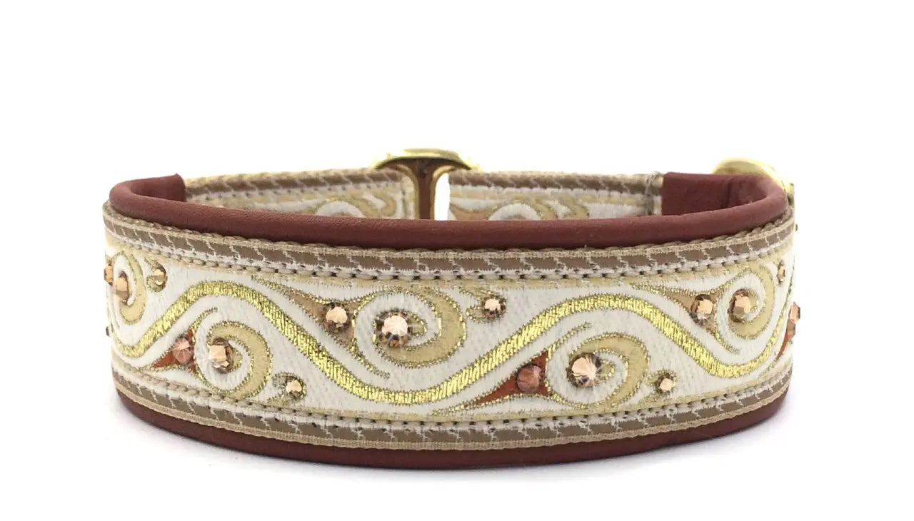 Ivory and Rust Waves ivory gold wave European-crystal limited slip collar with copper and topaz on terra cotta leather.