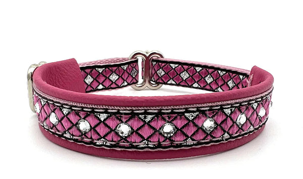 Pink Parquet pink and silver diamond-grid European-crystal limited slip dog collar with clear crystals on hot pink leather.
