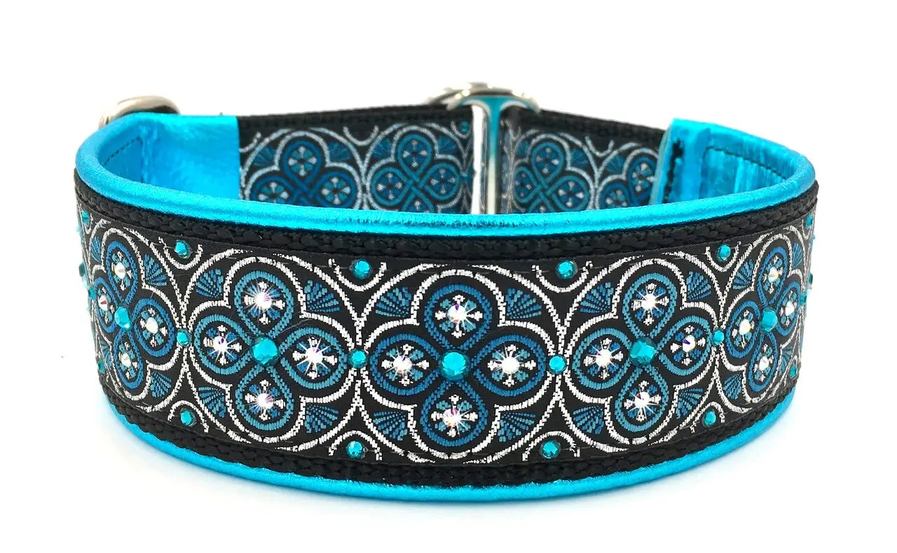 1.5" Electric Blue Toulon Luxe Limited Slip Collar for dogs, Aqua Metallic leather lining, handmade in the USA by Fuzzywumpets.