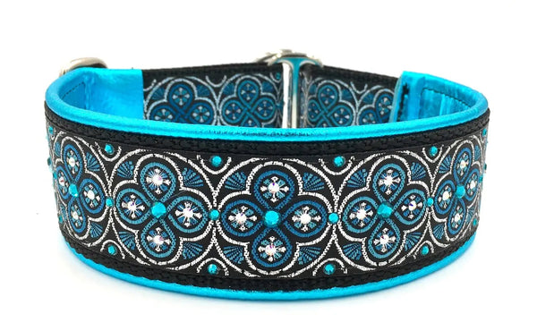 1.5" Electric Blue Toulon Luxe Limited Slip Collar for dogs, Aqua Metallic leather lining, handmade in the USA by Fuzzywumpets.