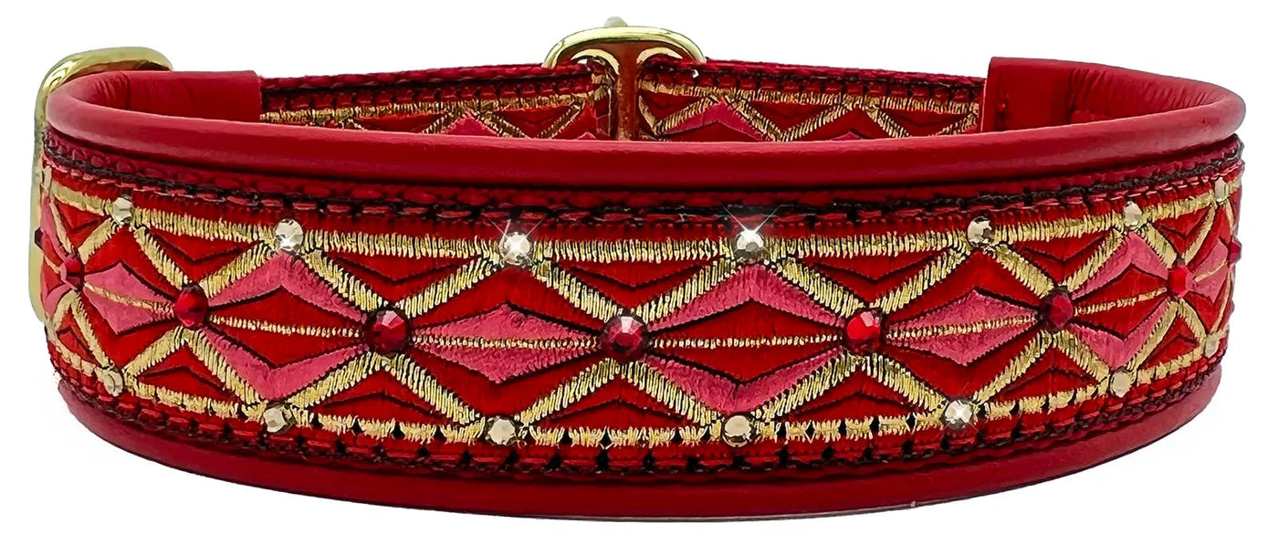 Red Diamonds red and gold diamond European-crystal limited slip dog collar with purple and topaz crystals on purple leather.