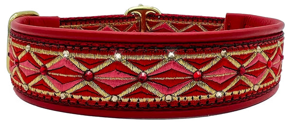 Red Diamonds red and gold diamond European-crystal limited slip dog collar with purple and topaz crystals on purple leather.