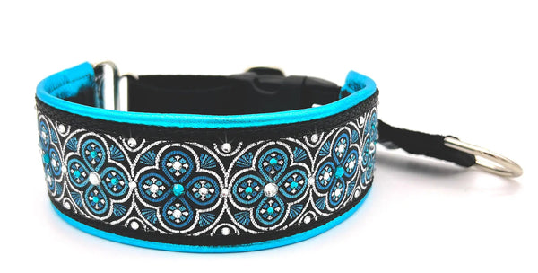 Electric Blue Toulon black and electric blue floral medallion European-crystal hidden prong collar by Fuzzywumpets.