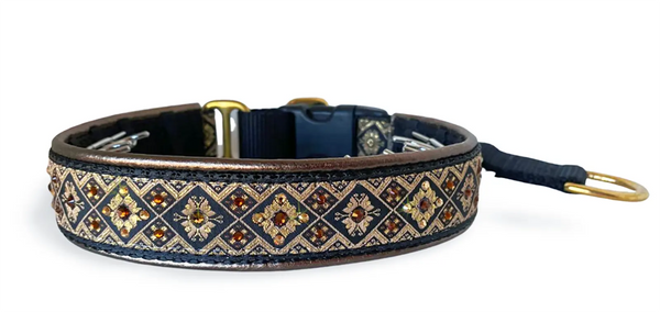Canterbury black and gold diamond European-crystal hidden prong collar with smoked and topaz crystals on bronze leather.