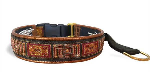Copper Squares copper and gold square maze European-crystal hidden prong collar with copper crystals on copper leather.