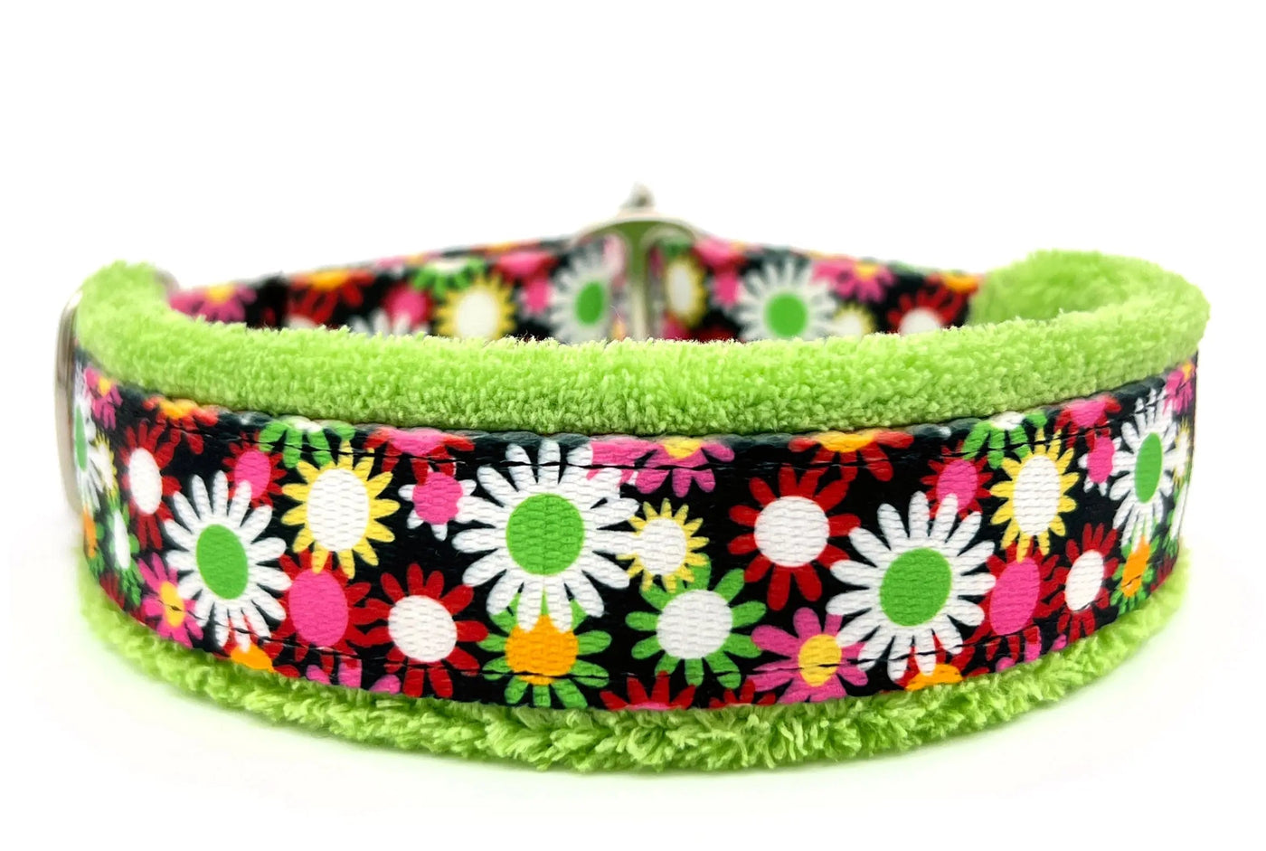 Daisy Fields black ground multicolor daisy floral fleece-lined martingale-style limited slip dog collar by Fuzzywumpets.