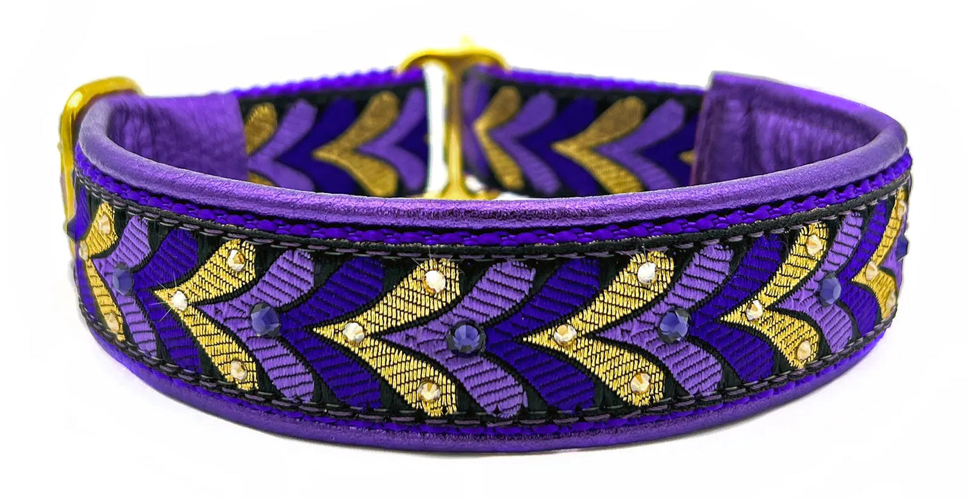 Purple & Gold Honoré purple and gold chevron leaf European-crystal limited slip dog collar by Fuzzywumpets.