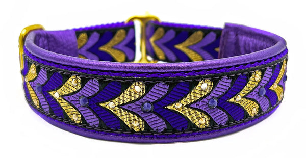 Purple & Gold Honoré purple and gold chevron leaf European-crystal limited slip dog collar by Fuzzywumpets.