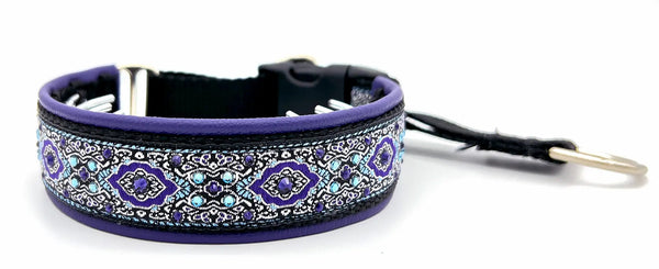 Purple Bulgaria black and silver ornate diamond European-crystal hidden prong collar with aqua and amethyst crystals.
