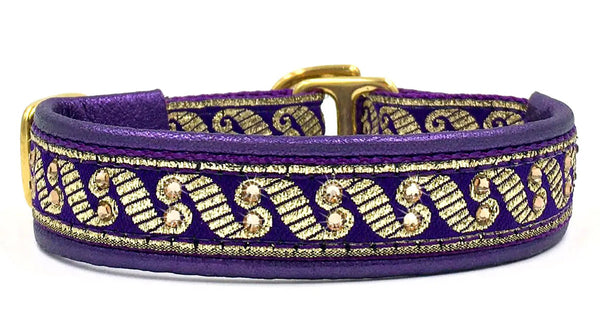 Purple Regency purple and gold wave scroll European-crystal limited slip dog collar by Fuzzywumpets.