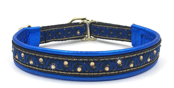 Royal Blue Wave royal blue and gold wave on black European-crystal limited slip dog collar with topaz on royal blue leather.