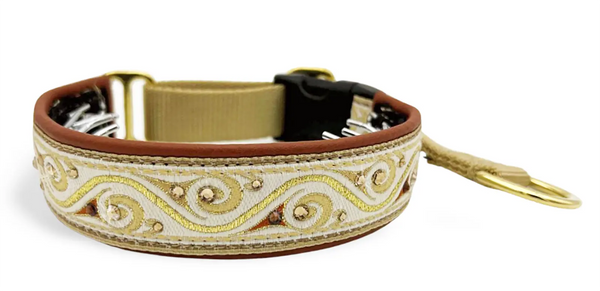 Ivory & Rust Waves ivory gold wave European-crystal hidden prong collar with copper and topaz on terra cotta leather.