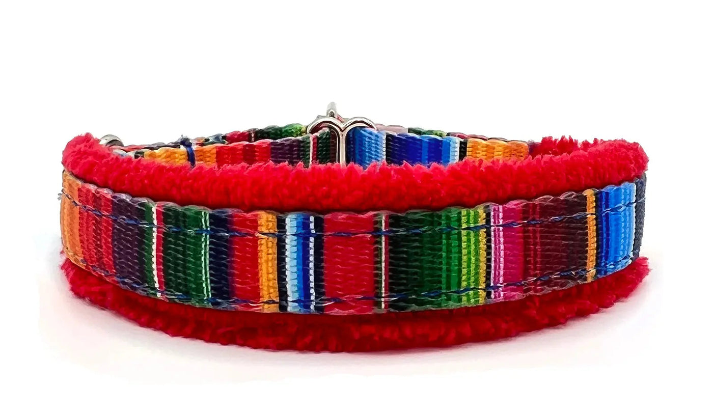 Serape multicolor vertical stripe fleece-lined martingale-style limited slip dog collar by Fuzzywumpets.