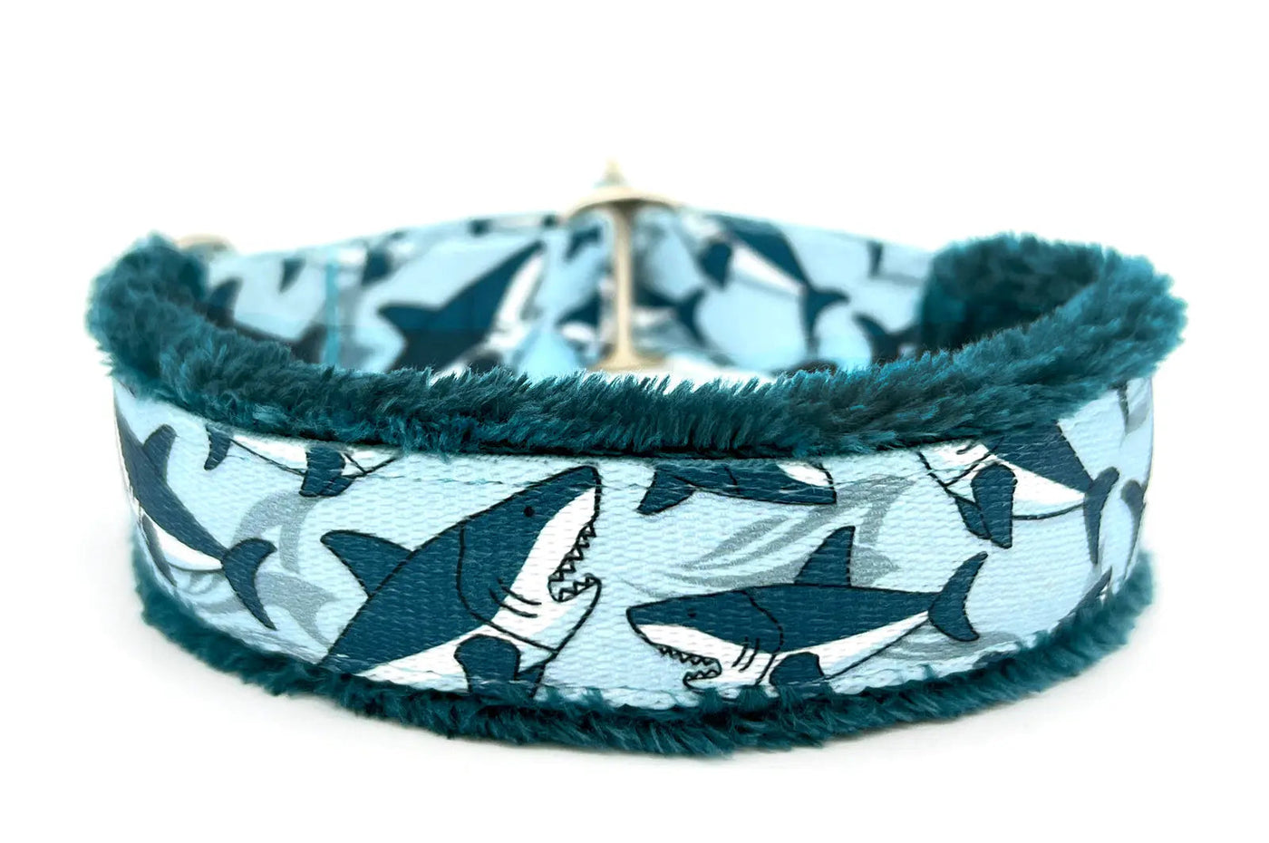 Shark Attack light blue and navy tropical print fleece-lined martingale-style limited slip dog collar by Fuzzywumpets.