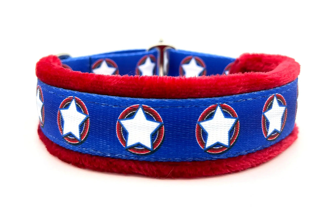 Superhero blue and white star shield fleece-lined martingale-style limited slip dog collar by Fuzzywumpets.