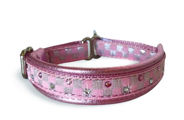 Pink Checkerboard pink and silver checkerboard European-crystal limited slip dog collar by Fuzzywumpets.