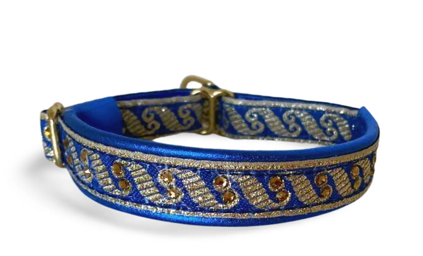 Royal Blue Regency royal blue gold wave scroll European-crystal limited slip dog collar by Fuzzywumpets.