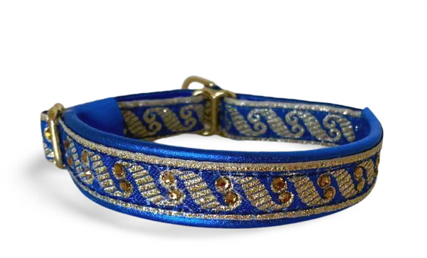 Royal Blue Regency royal blue gold wave scroll European-crystal limited slip dog collar by Fuzzywumpets.