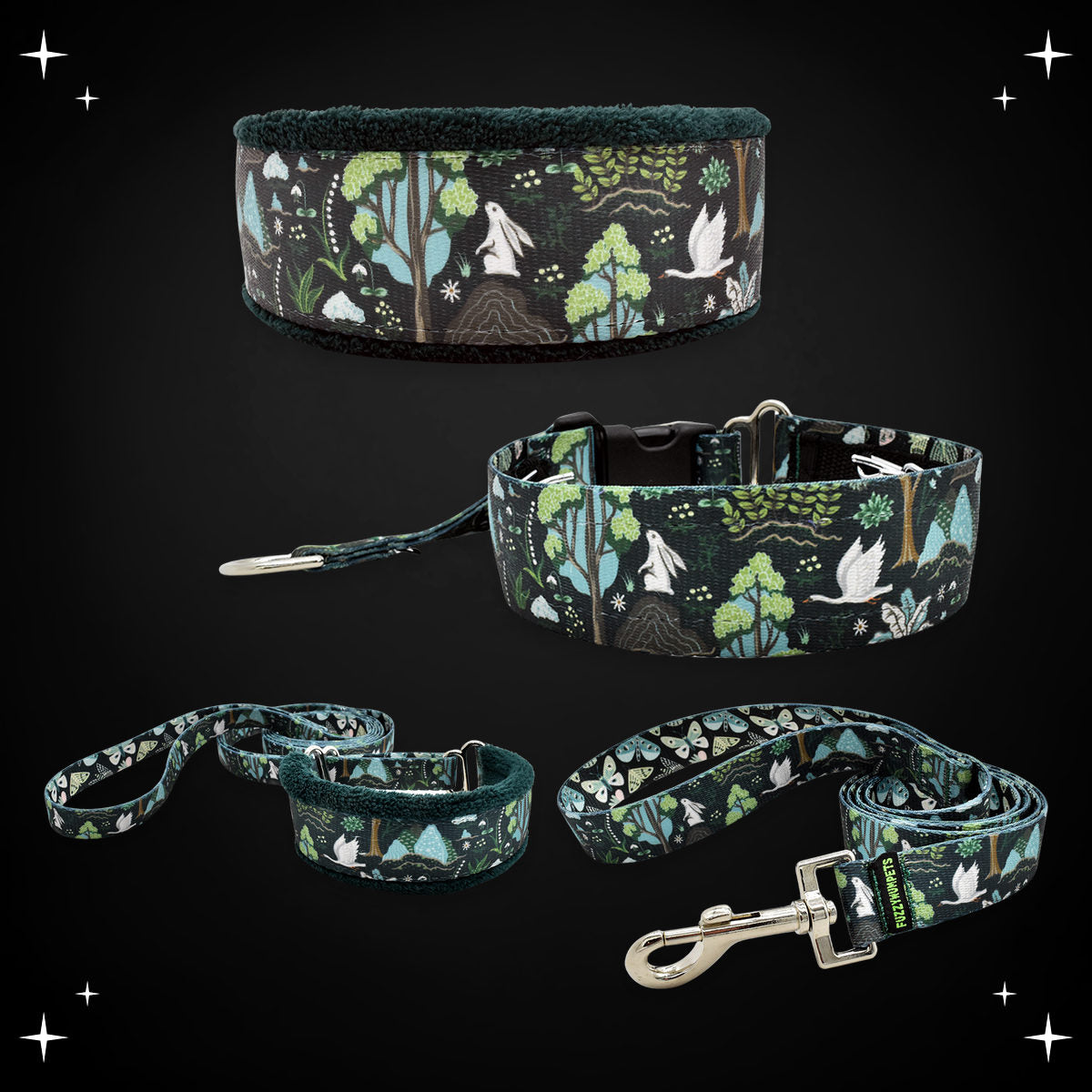 Enchanted Forest limited slip collar, private trainer, walking lead and snap leash