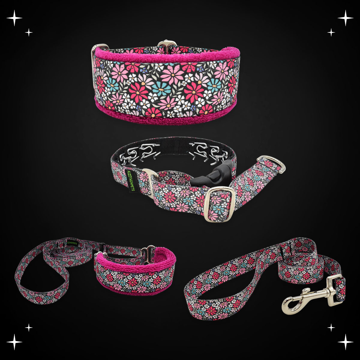 Evanston Floral limited slip collar, private trainer, walking lead and snap leash