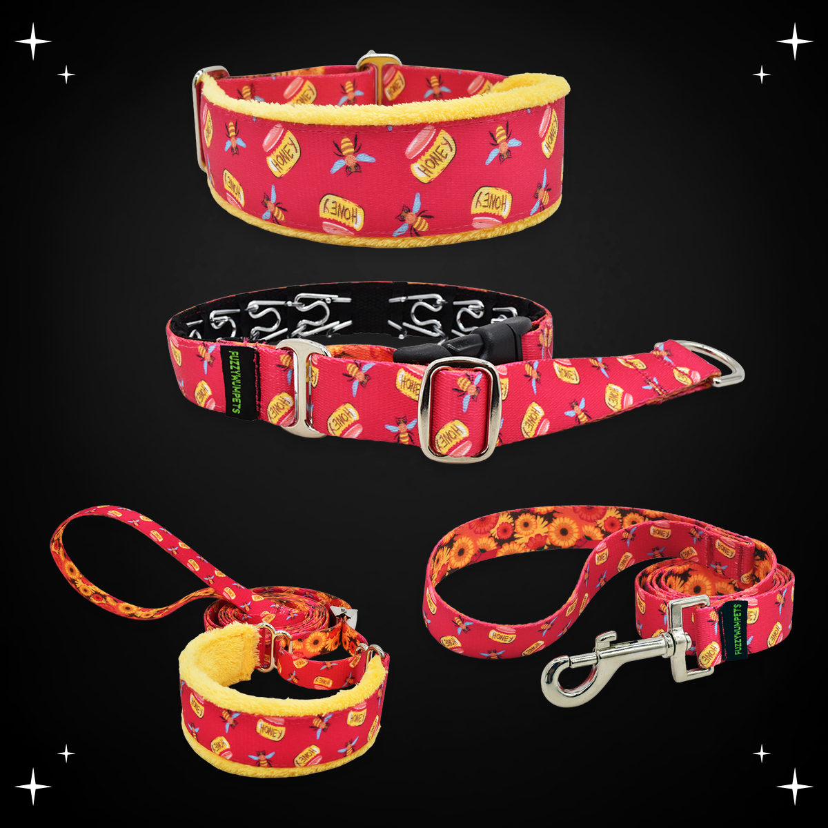 Honey Bees limited slip collar, private trainer, walking lead and snap leash