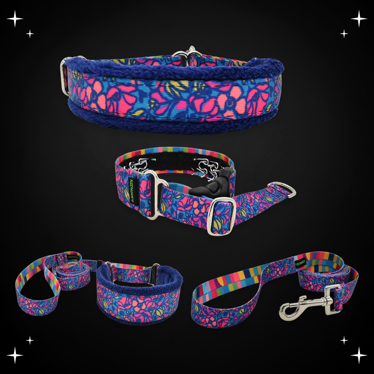 Night Blooms limited slip collar, private trainer, walking lead and snap leash