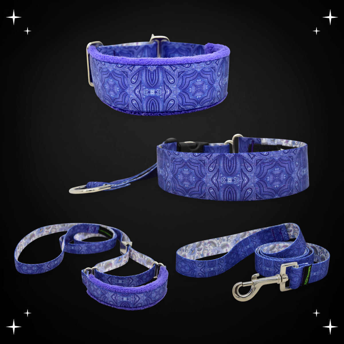 Purple Pinpoints limited slip collar, private trainer, walking lead and snap leash